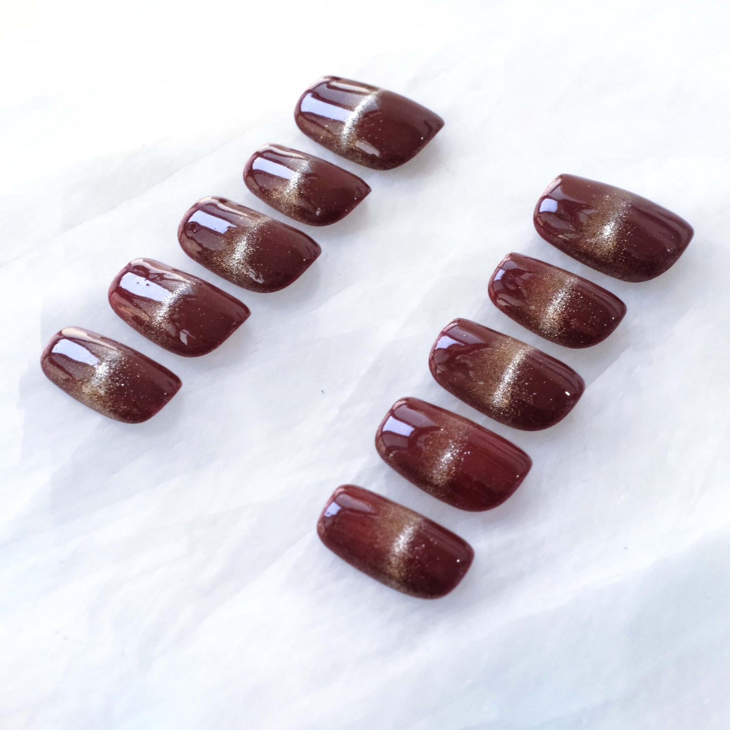 GLORS Wine Red & Gold Press on Nails, Handmade Reusable False Nails with Luxe Sheer Glitter Design, Short Square Shape, 10 Pieces (Small, SS)
