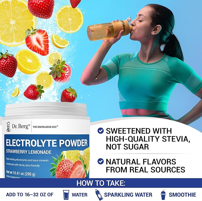 Dr. Berg Zero Sugar Hydration Keto Electrolyte Powder - Enhanced w/ 1000 mg of Potassium & Real Pink Himalayan Salt (NOT Table Salt) - Strawberry & Lemonade Hydration Drink Supplement - 50 Servings