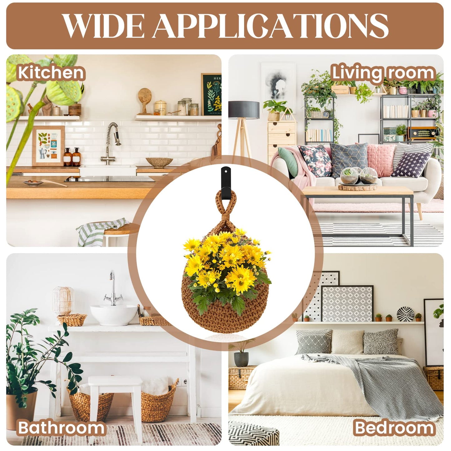 Boho Decor Hanging Fruit Baskets for Kitchen - 3 Pack Wall Hanging Basket with 6 Pcs Strong Hooks, Handwoven Hanging Holder Teardrop Produce Basket for Fruits Vegetable Potato Onion Storage (Linen)