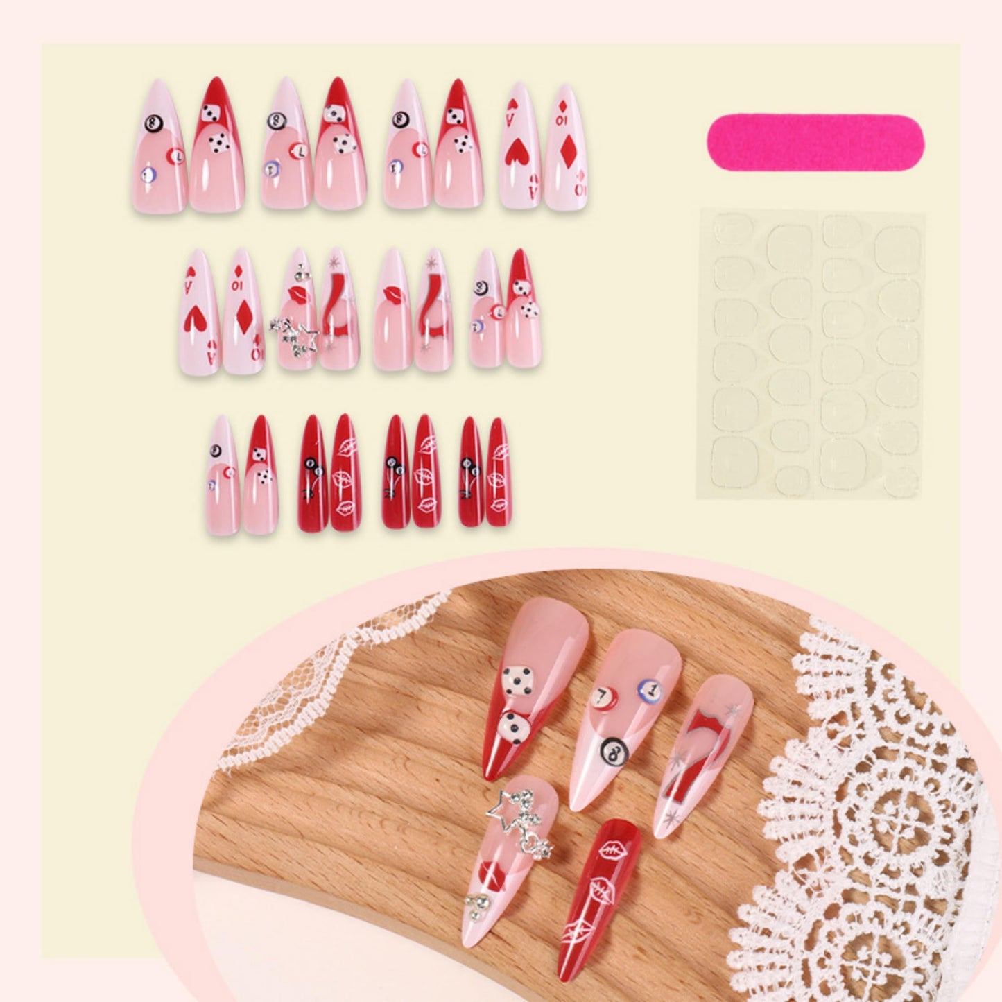 Stiletto Press on Nails Long Fake Nails Red Acrylic Nail Press ons Seeneey Poker Seven Designs Silver Charm Stick on Nail for Women 24pcs