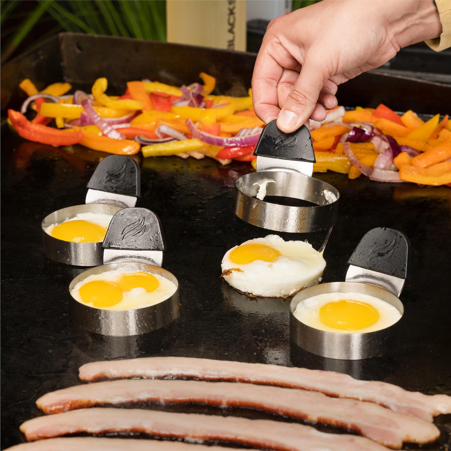 Plastic Batter Dispenser, Cast Iron Bacon Griddle Weight Press, 10 Inches Stainless Steel Omelet Egg Ring, Wood Wooden Crepe Spreader Spatula