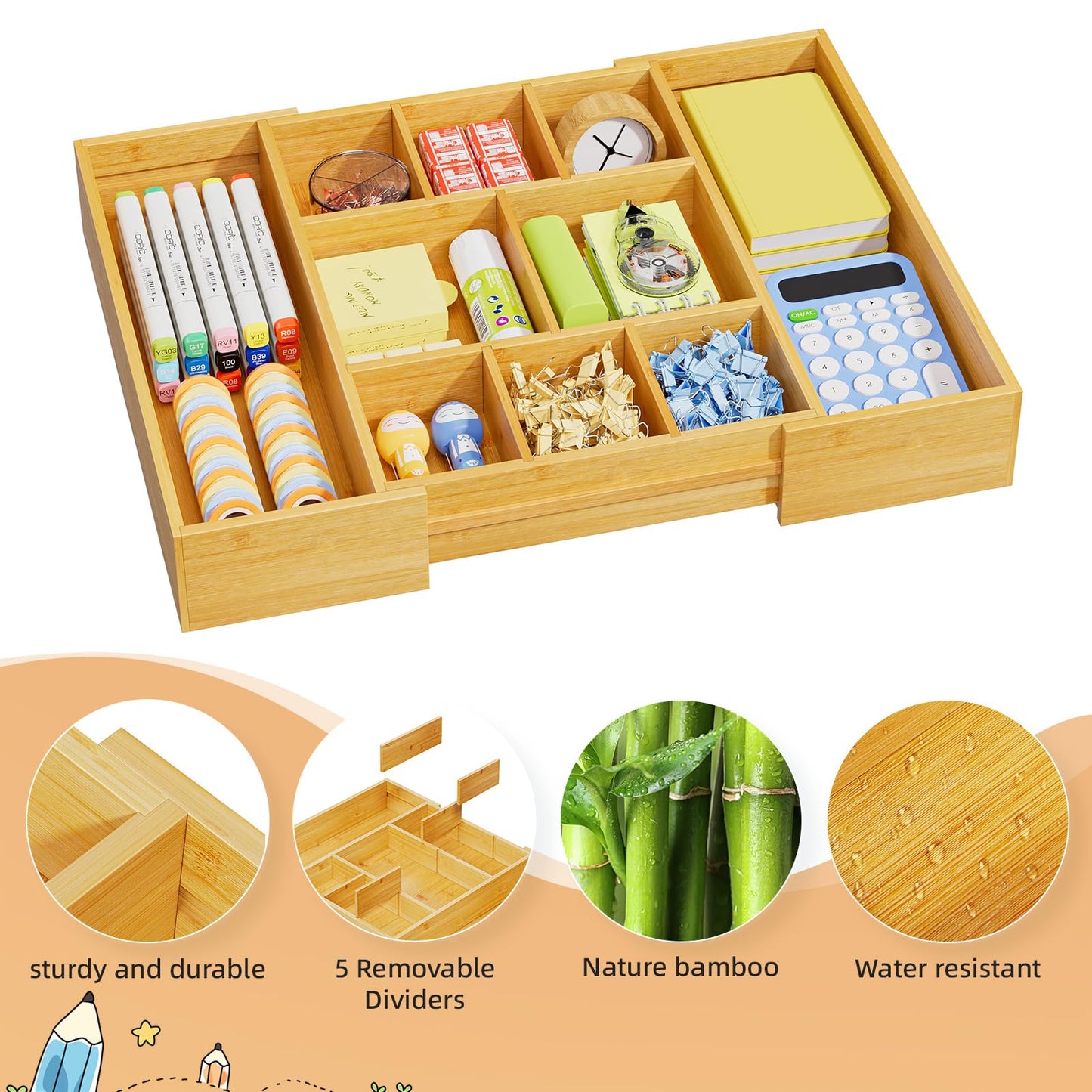 Marbrasse Bamboo Expandable Drawer Organizer, Desk Drawer Organizer Tray with 5 Dividers, Desk Organizers and Accessories, 10 Adjustable Compartments for Office Supplies, Junk, Makeup & Vanity