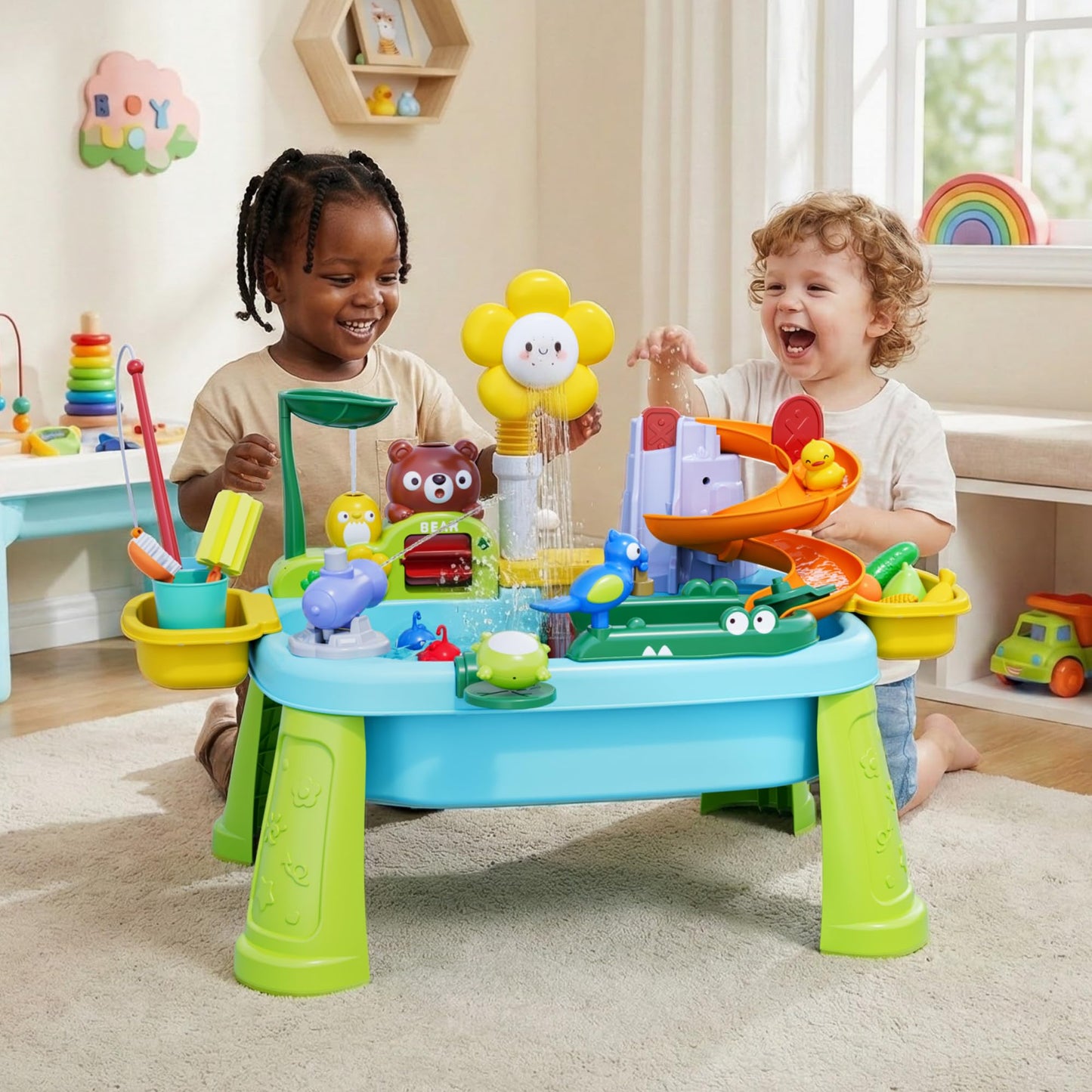 2026 New Kids Sand & Water Table Toys for Toddlers, Multifunctional Play Kitchen Sink with Fishing Game, Spray Function,Kitchen Toys, 360° Electric Faucet,Summer Indoor Outdoor Gifts for Boys Girls
