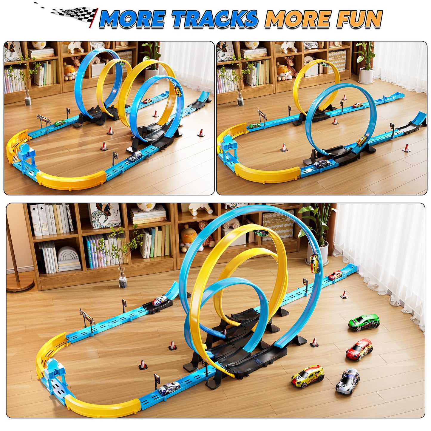 LILYBUDS Toy Car Race Track Set for Boys Kids Age 3-5 4-7, Race Tracks with 4 High-Speed Pull Back Race Cars and Crash Zones, Christmas Halloween Birthdays Gifts Toys for Boys Kids 4-6 8-12 Years Old