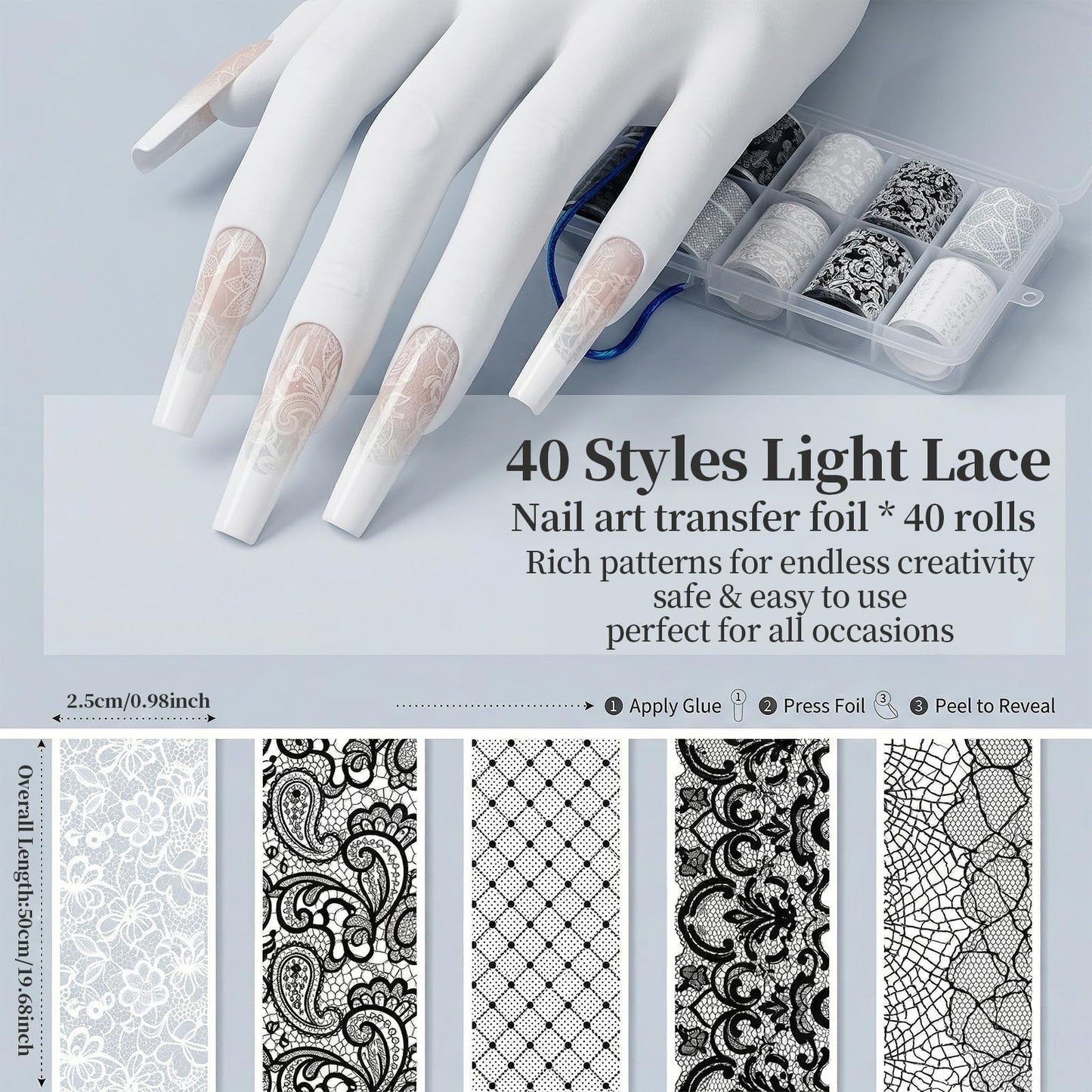 Aiuulu 40 Rolls Lace Nail Foil, Holographic Lace Transfer Foil Sheets for DIY Nails Art, 4 Boxes Black & White Transfer Stickers Flower Decals