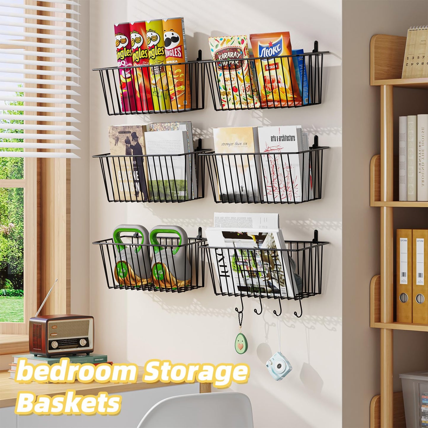 Simple Trending 6 Pack Wire Basket Wall Mount Baskets Hanging Baskets, Cabinets Organizer and Storage with Hooks for Kitchen, Garage and Bathroom