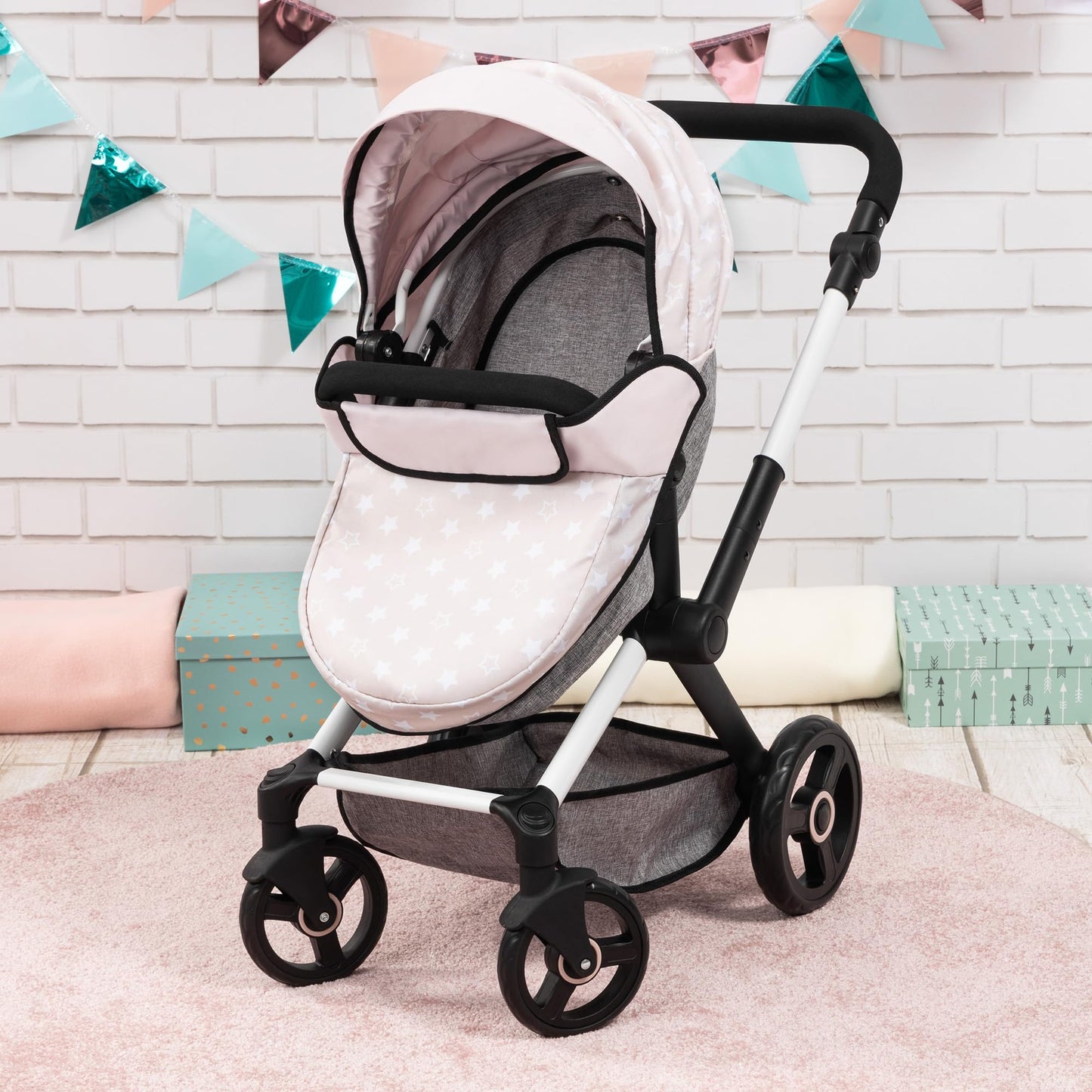 Bayer Pram Xeo - Doll Stroller with Stars Design, Convertible Pushchair for 18" Dolls, Ages 3+