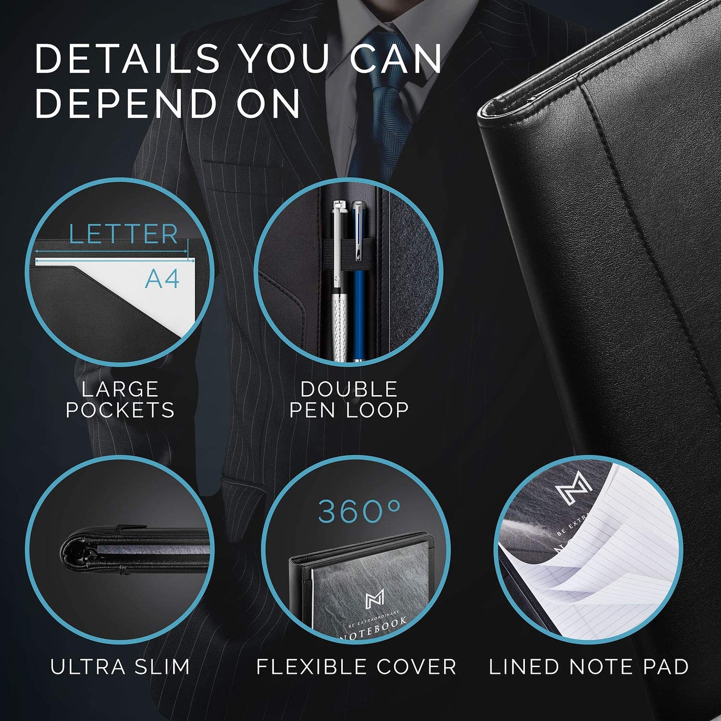 NERO MANETTI- Leather Portfolio Folder - Business PU Leather Portfolio Notepad Holder for Resumes, Legal Pad Portfolio Executive Binder, Professional Padfolio Notebook for Women/Men