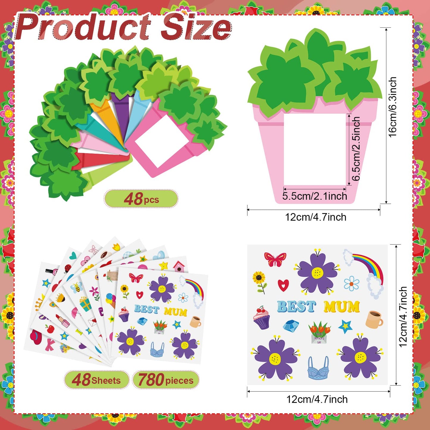 Fuutreo 96 Pieces Mother's Day Craft Kit, Mother's Day DIY Picture Frame, 48 Paper Photo Frames with 48 Sticker Sheets, DIY Classroom Activity, Party Decor, Mom Gift(Flower)