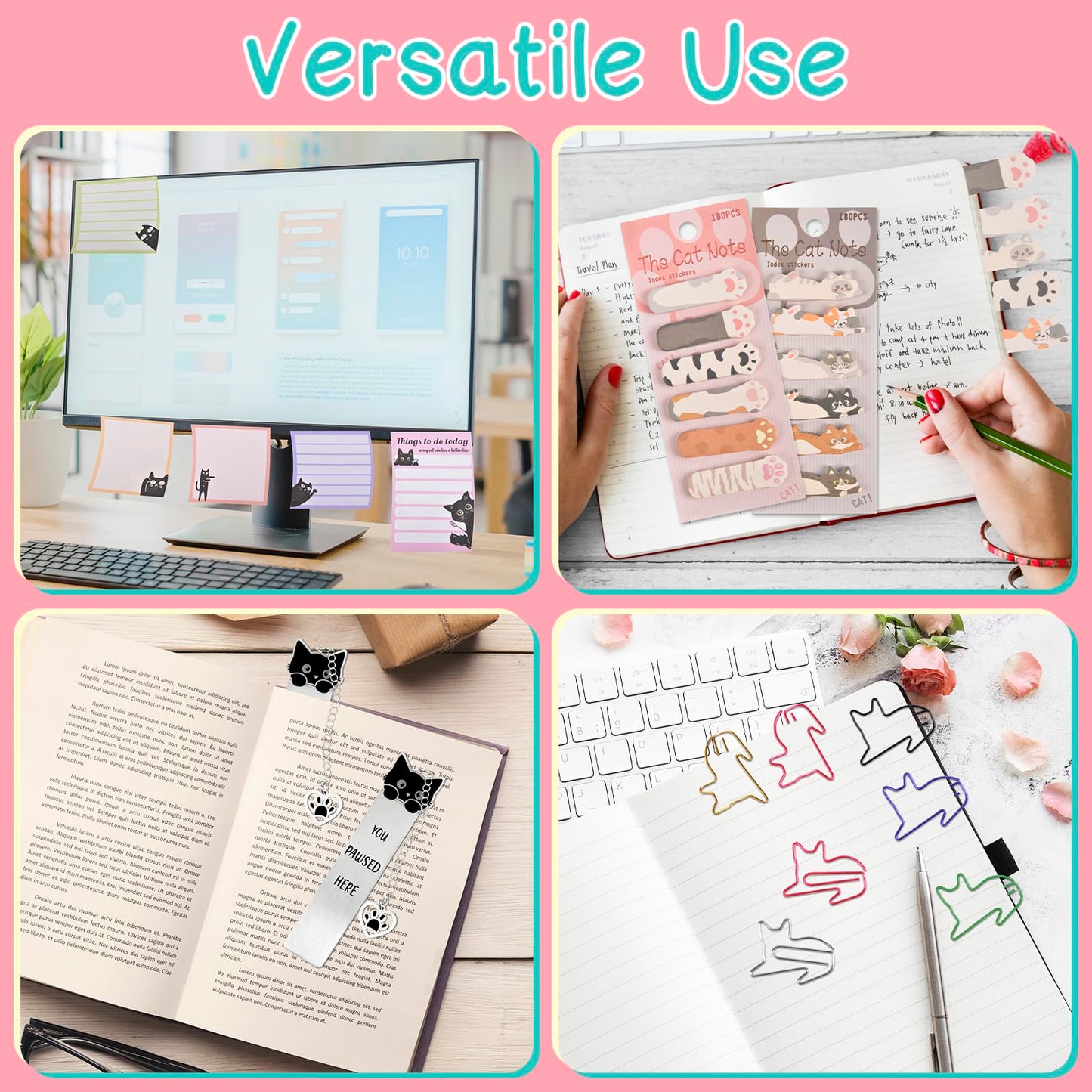 76 Pcs Cat Lover Gifts for Women - Cute Office Sticky Notes Supplies, Cat-themed Pens Stationery Set, Post Notepads Desk Accessories, Small Girls Funny Stuff, Mini Cat Clips Decor, Unique School Items