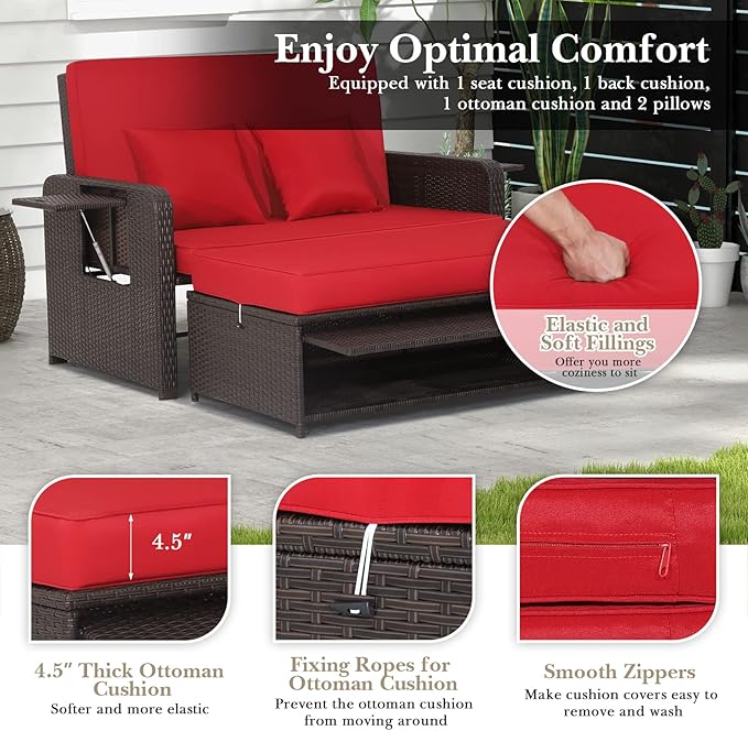 HAPPYGRILL Patio Rattan Wicker Daybed with Loveseat & Storage Ottoman, Outdoor Lounge Sofa Furniture Set with Adjustable Backrest & Side Trays, for Poolside Deck Porch Lawn (Mix Brown & Red)
