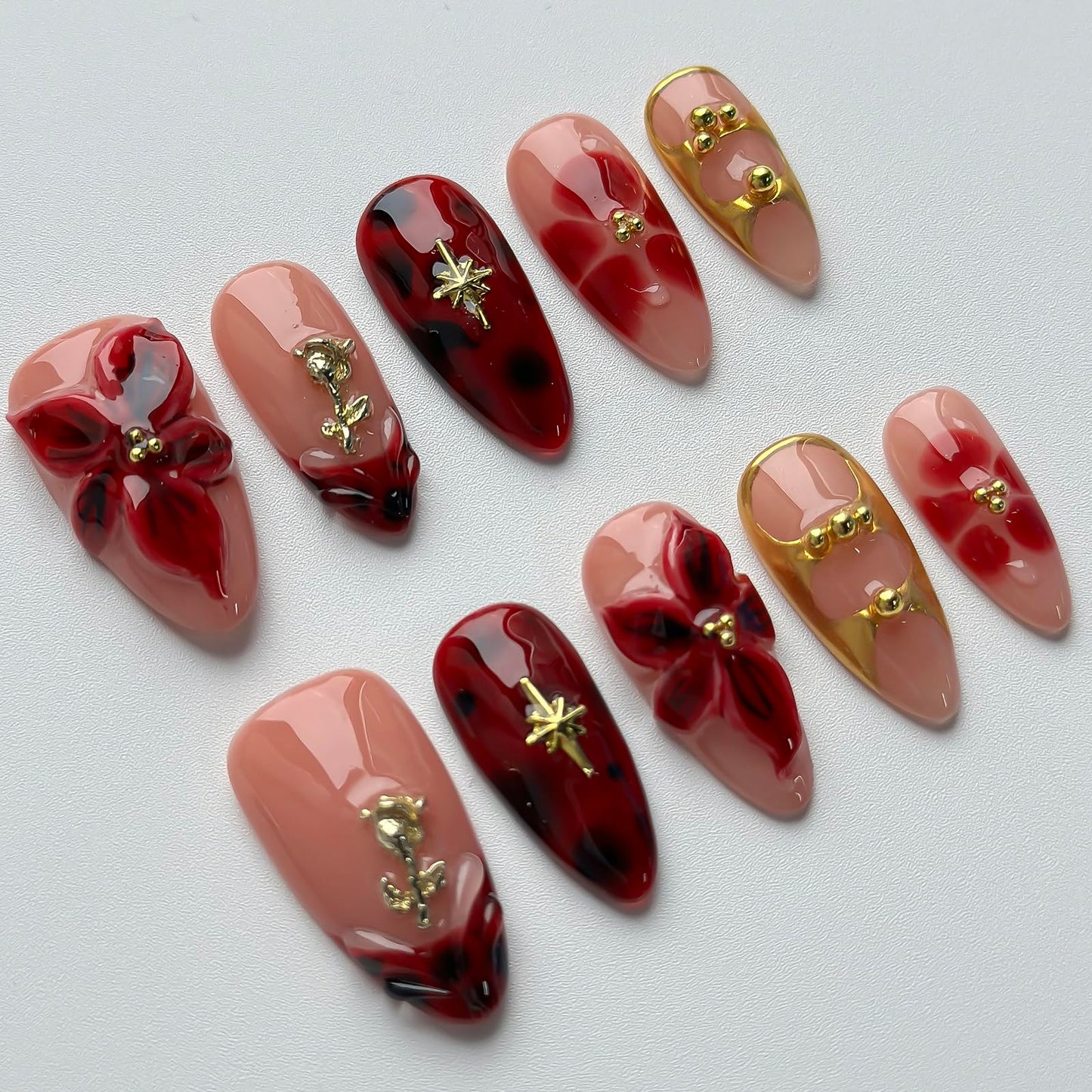 Luxury Press on Nails Medium Almond Handmade 3D Unique Reusable ABS Material Fake Nails French Tip False Nails with Designs Red Floral Glossy Glue on Nail Thick Acrylic Nail(M)