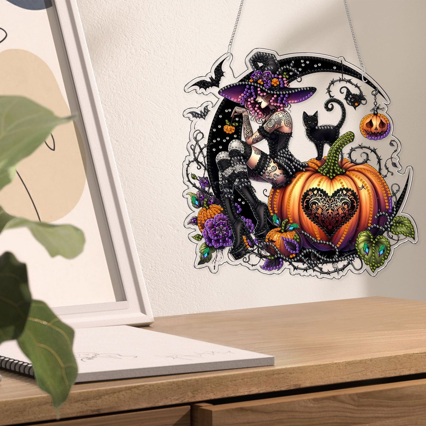 VODAPYC Halloween Witch Diamond Art Hanging Kit for Adults, DIY Double Sided Special Shaped Diamonds Art Window Pendant Ornament for Home Decor(Halloween Witch)