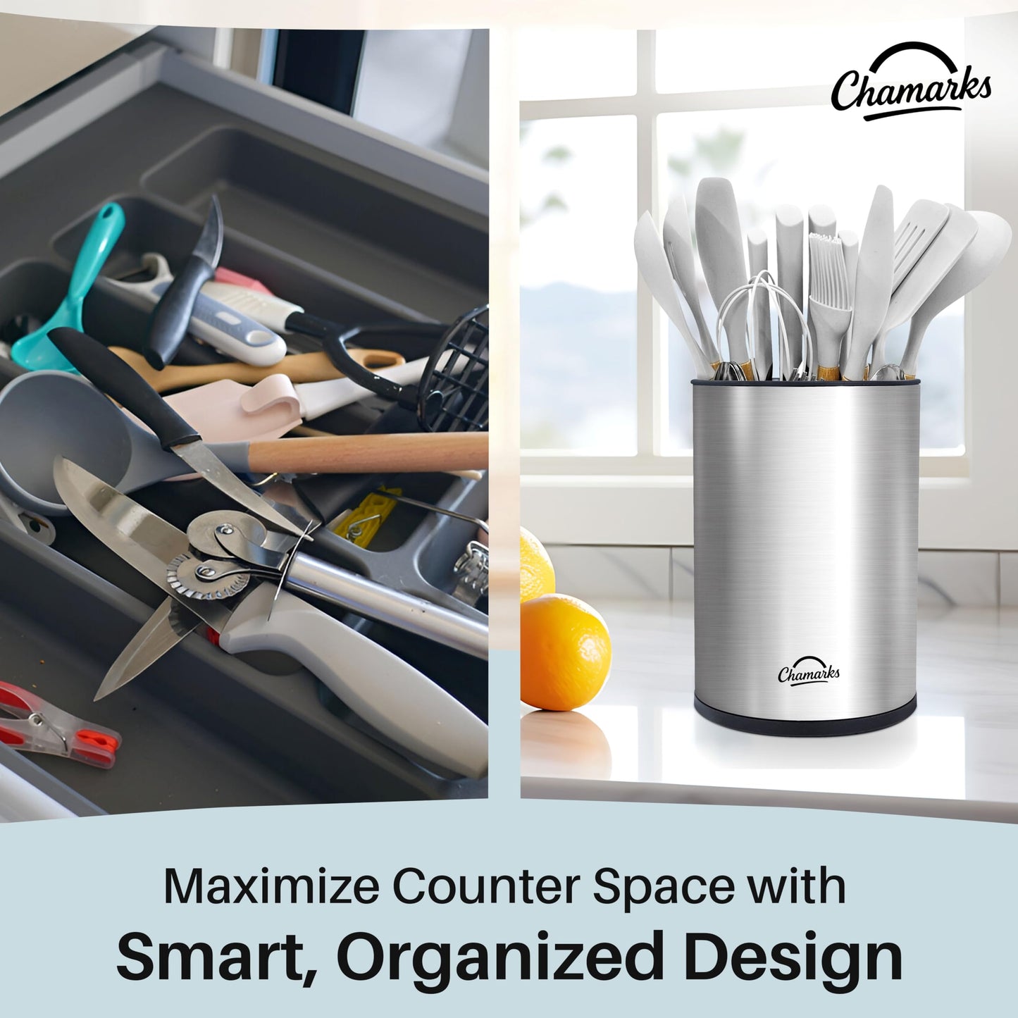 CHAMARKS 3-in-1 Kitchen Utensil Holder for Countertop with Knife Block and Silverware Caddy. (Silver)