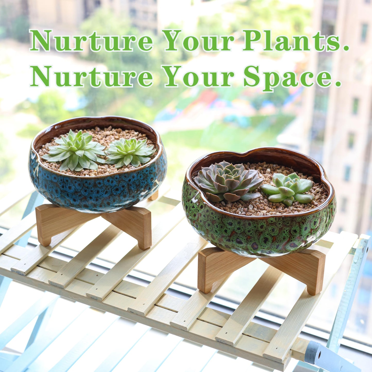 Qijoys 2 Pcs Lotus Bowl Planter with Base Ceramic Hydroponic Planter Water Lily Bowl for Planting Aquatic and Indoor Plants Household Ceramic Basin Decor(Blue)
