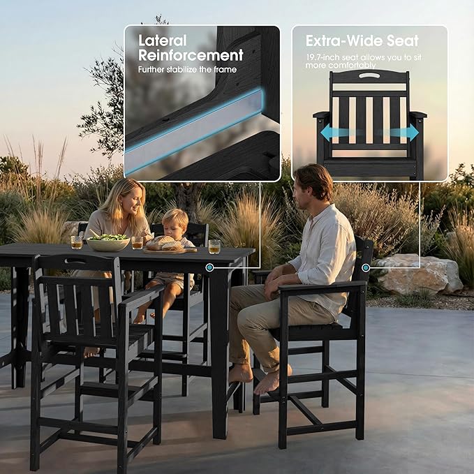 Ciokea Outdoor Bar Height Table Set of 5, 60" Extra Long Rectangle High Top Table and 4 Oversized Adirondack Chairs Set, Heavy-Duty All-Weather HDPE Patio Bar Set for Backyard Balcony Deck, Black