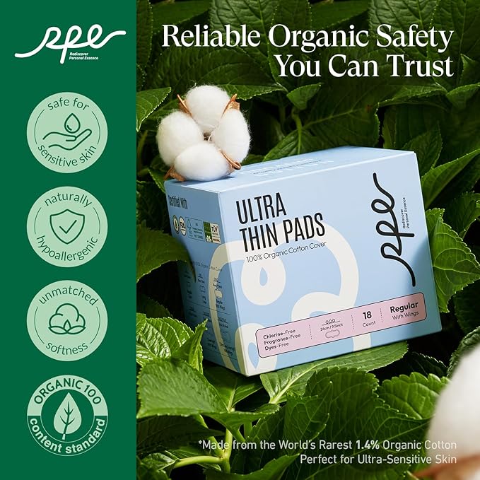 100% Organic Pads for Women, Ultra Thin Feminine Pads with Wings, Unscented Period Pads, Regular Absorbency Sanitary Pads, Organic Cotton Pads Menstrual (Regular, Size 3, 108 Count)