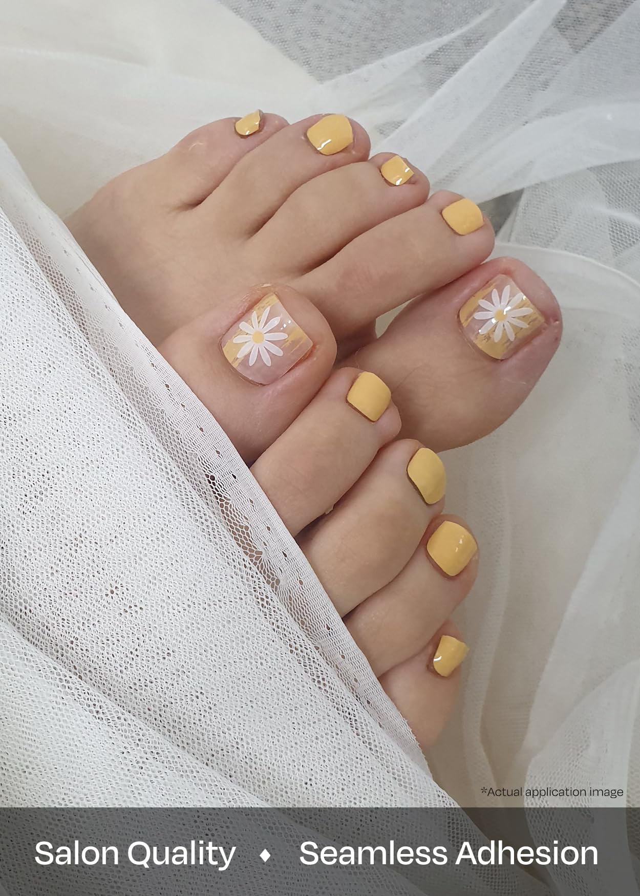 ohora Semi Cured Gel Pedi Strips (P Sun Daisy) - Yellow, Patterned, Works with UV/LED Lamps, Salon-Quality, Long Lasting, Easy to Apply & Remove - Includes 2 Prep Pads, Nail File & Wooden Stick