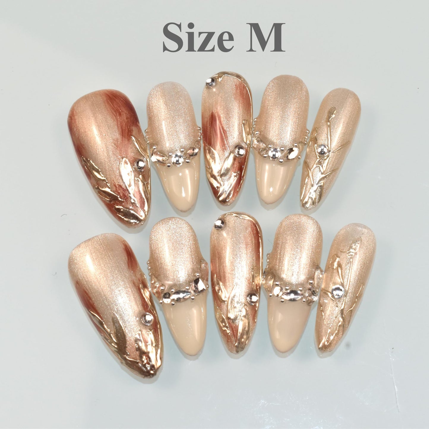 LIFOOST Handmade Nails Press On Long French Style Giltter Cat Eye False Nail Tips with Bright Crystal Silver Leaves Design Stick On Nails 10 Pcs, Size Medium
