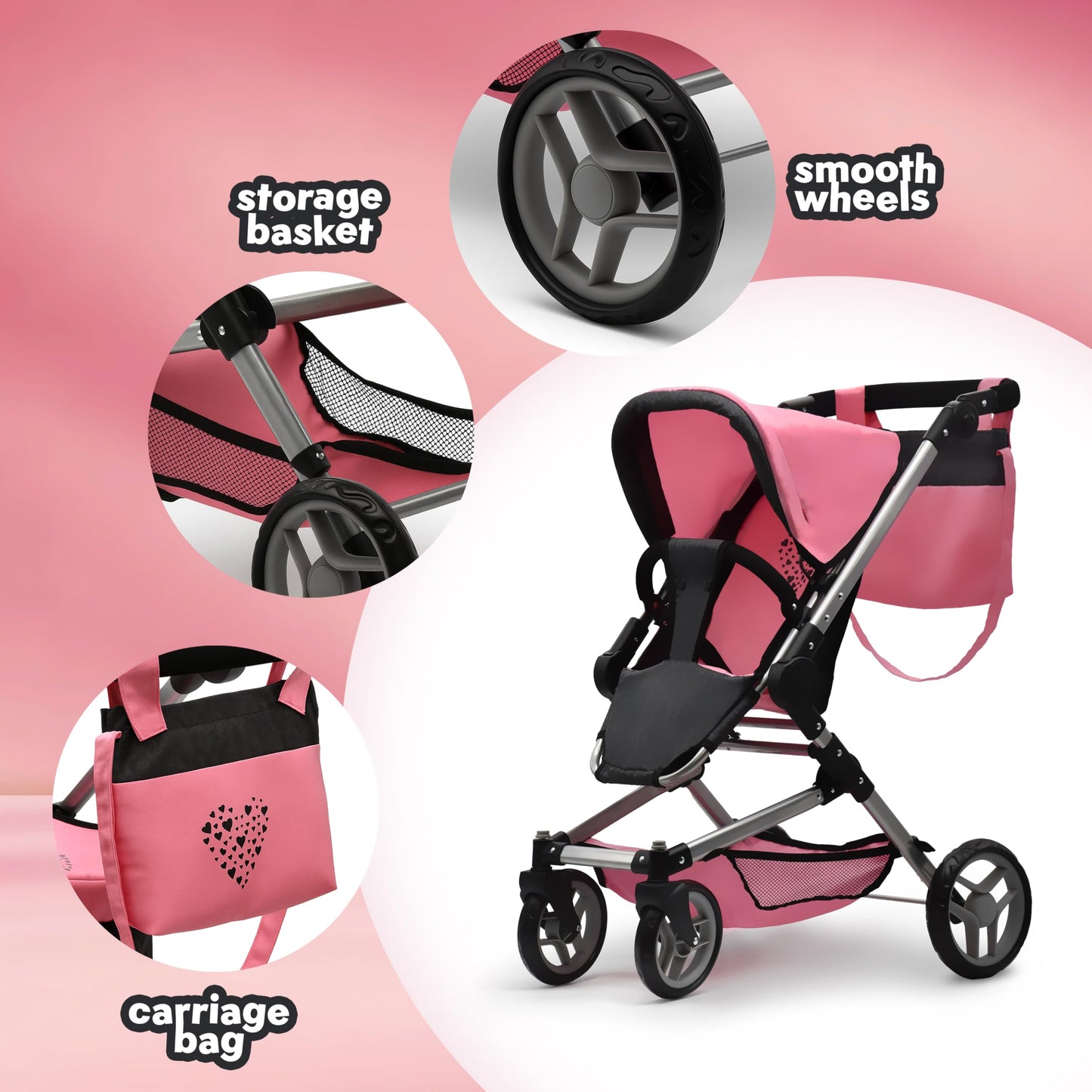 Baby Doll Convertible Stroller 3 in 1 Bassinet and Rear Facing Seat Buggy Foldable Toy Pram for Girls Toddlers Kids Swiveling Wheels Travel System Carriage Combo