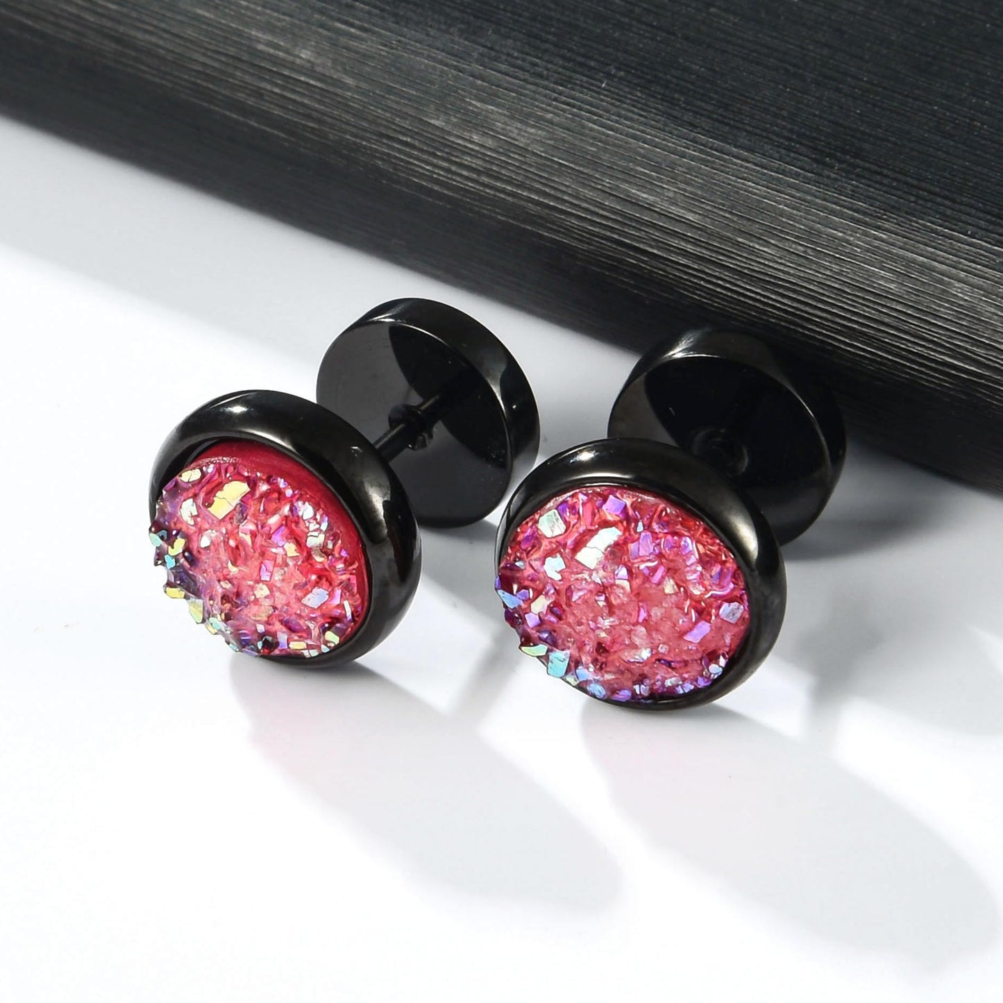 Titanium Screw Flat Back Earrings Glitter Cheater Studs Big Barbell Dot Disc Hypoallergenic, Titanium, pink druzy
