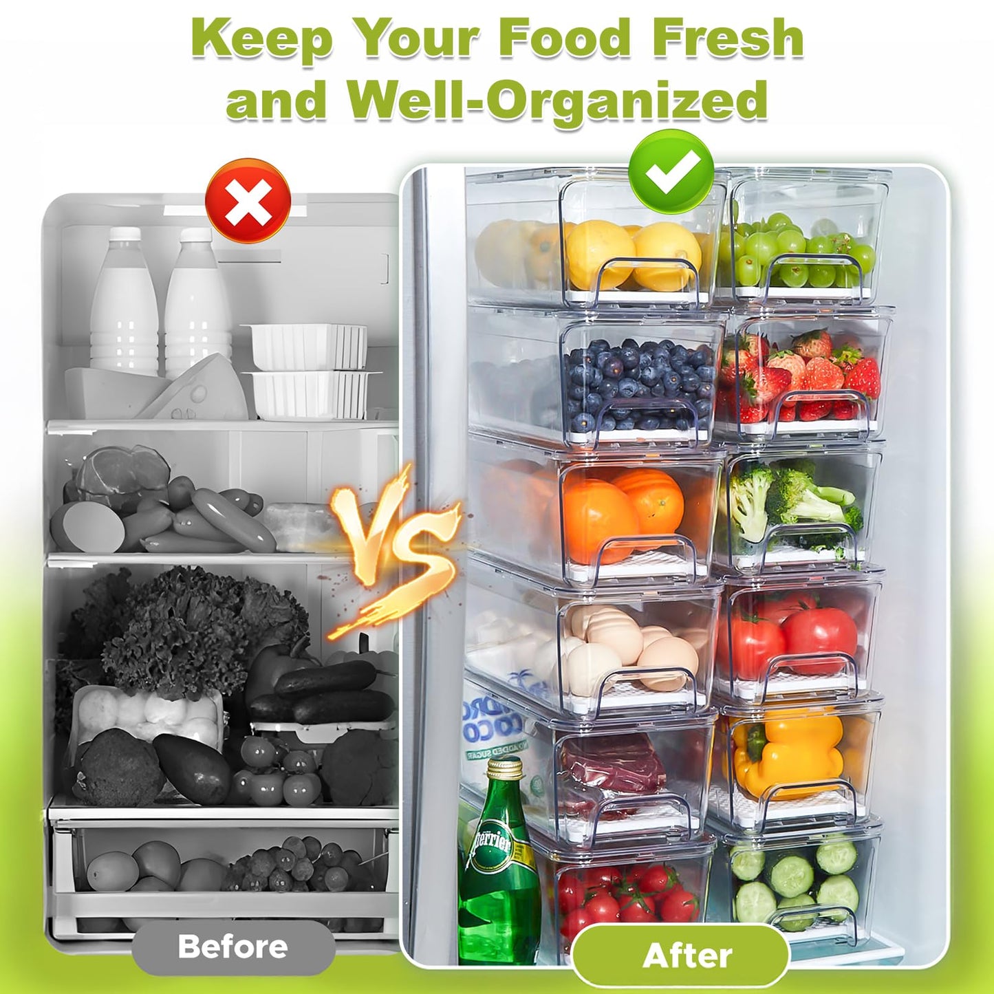 Brippo 4-Pack Refrigerator Drawer Organizer Bins, Clear Stackable Pull Out Fridge Organizers and Storage Container, with Strainer Layer for Fruits, Vegetables, Drinks, Snack and Food
