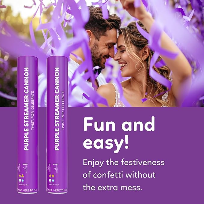 2 Pack Streamer Cannon Confetti Poppers | Biodegradable Purple Confetti | TUR Party Supplies | Launches Up to 25ft | Giant (12 in) | Party Poppers for Graduation, Birthdays, Weddings, and Celebrations