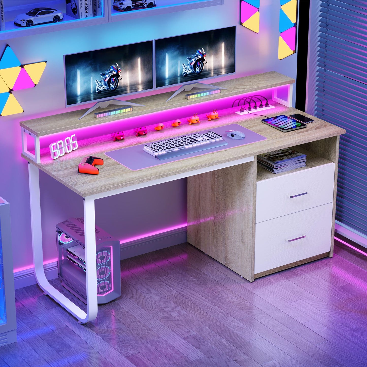 DWVO Computer Desk with Drawers, 47.2" Office Desk with Power Outlets & LED Light, Home Office Desk with Storage Shelves, White & Oak