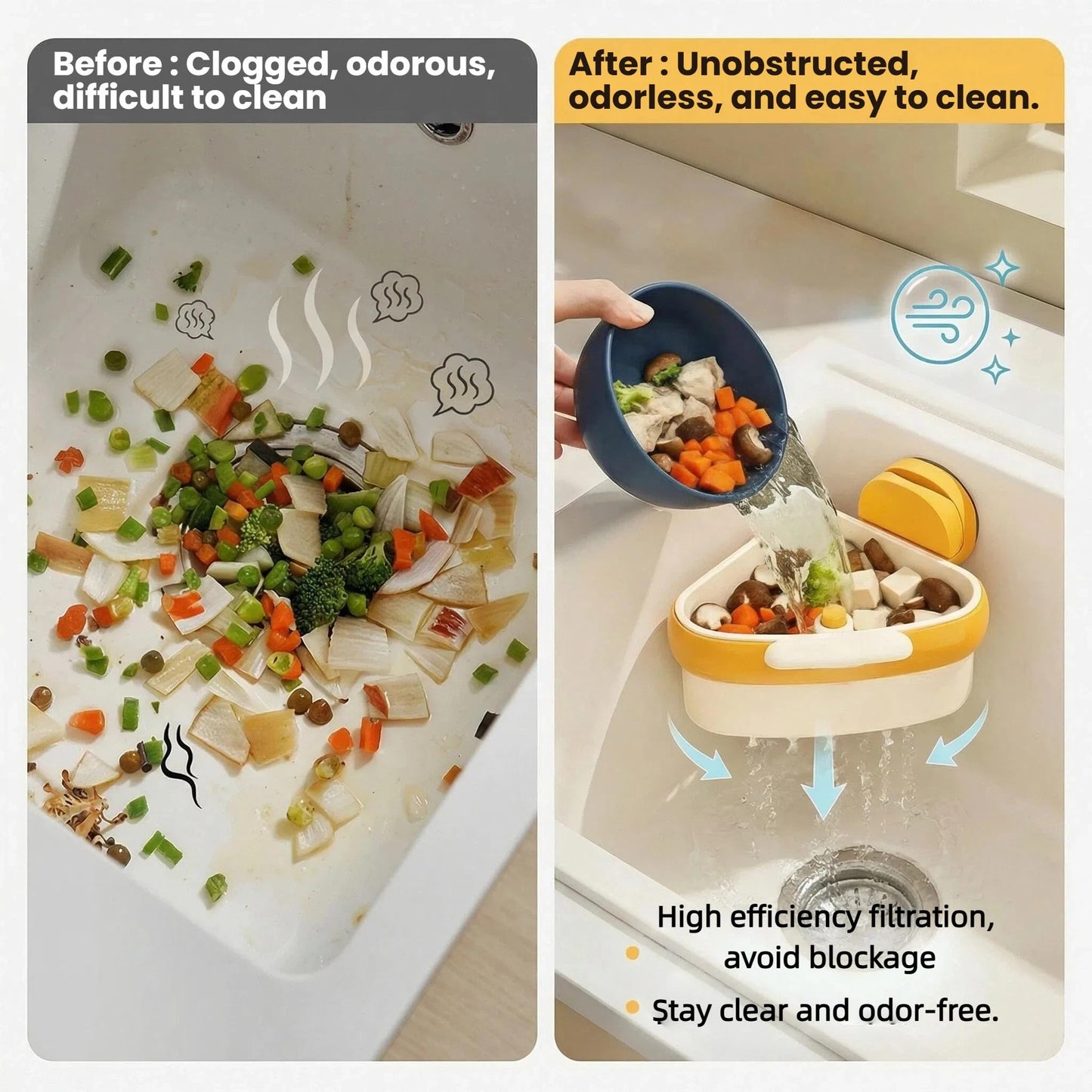 2 Pack Suction Cup Corner Sink Strainer, Press 2026 Upgraded Automatic Dumping Food Waste Catcher for Sink, Triangle Kitchen Sink Strainer Basket, Faucet Sponge Storage Rack (Green + Yellow)