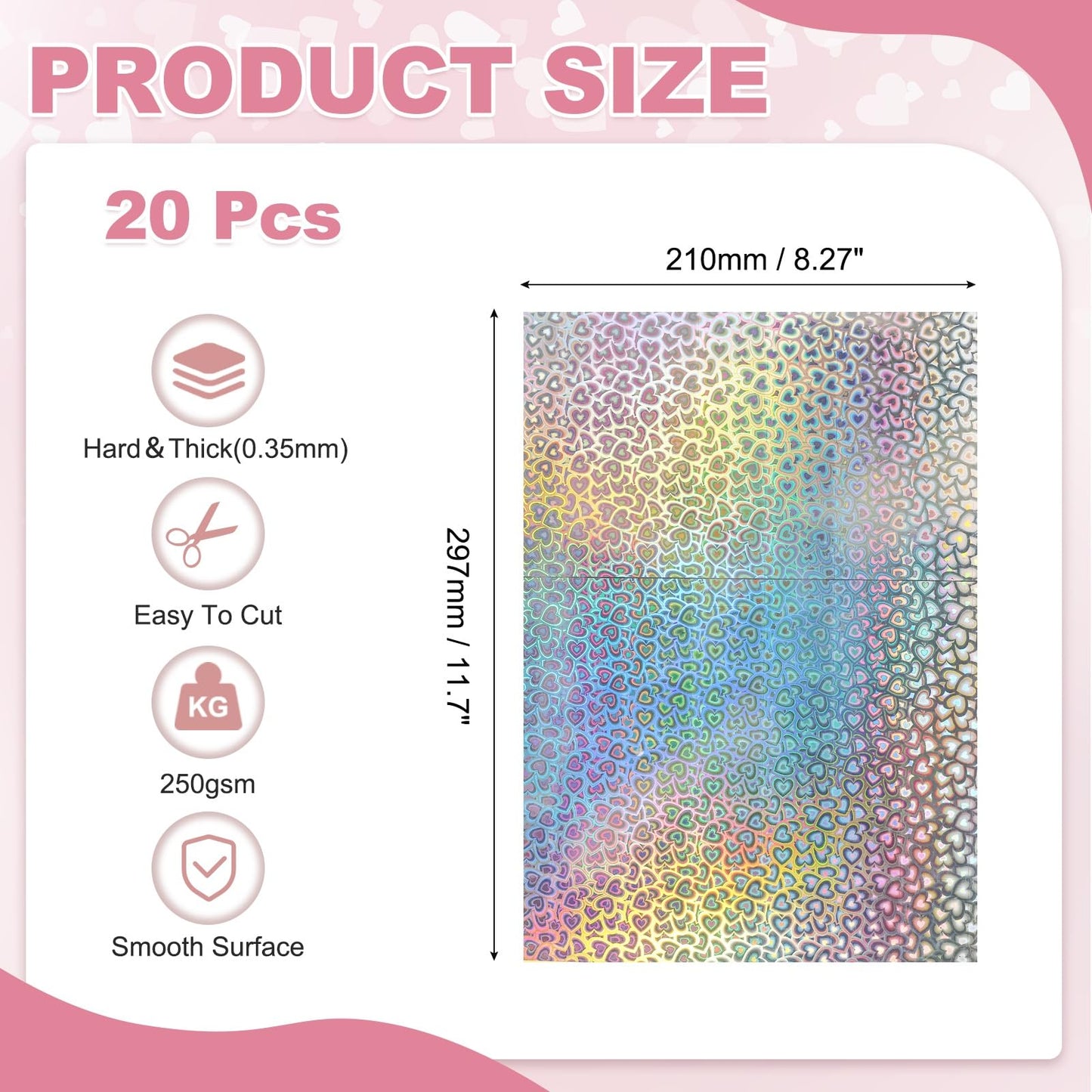 MECCANIXITY 20 Sheets Metallic Foil Paper, A4 Thick 250gsm Cardstock Foil 8.3" x 11.7" Shiny Mirror Glitter Paper Sheets for Crafts Scrapbooks Cards Party Decorations, Heart