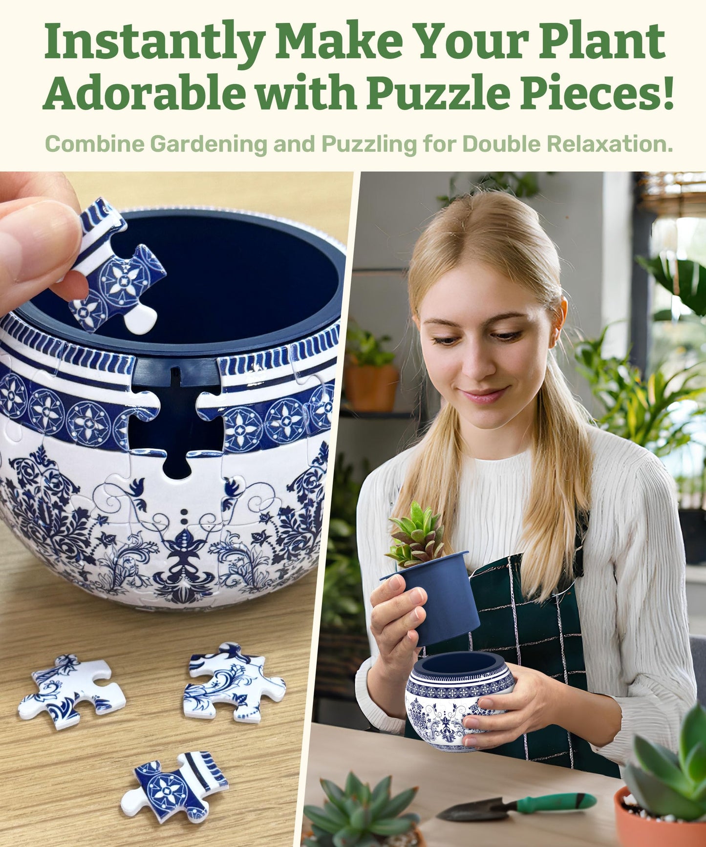 PieceRelax 3D Puzzle Planter - Classic Ornamental Style - Small Round Plant Pots with Drainage, for Mom, Home Decor Flower Pots for Indoor Cactus, Succulents Pots [K1103]