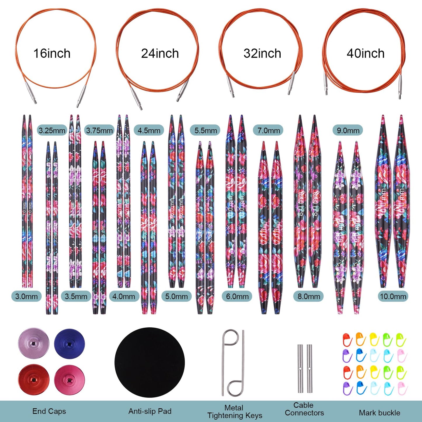 Mdoker Interchangebale Circular Knitting Needles Set 13 Pair Round Metal Knitting Needle Aluminum Circular Needle and Cables,Accessories,Case - Sizes US 2.5-15