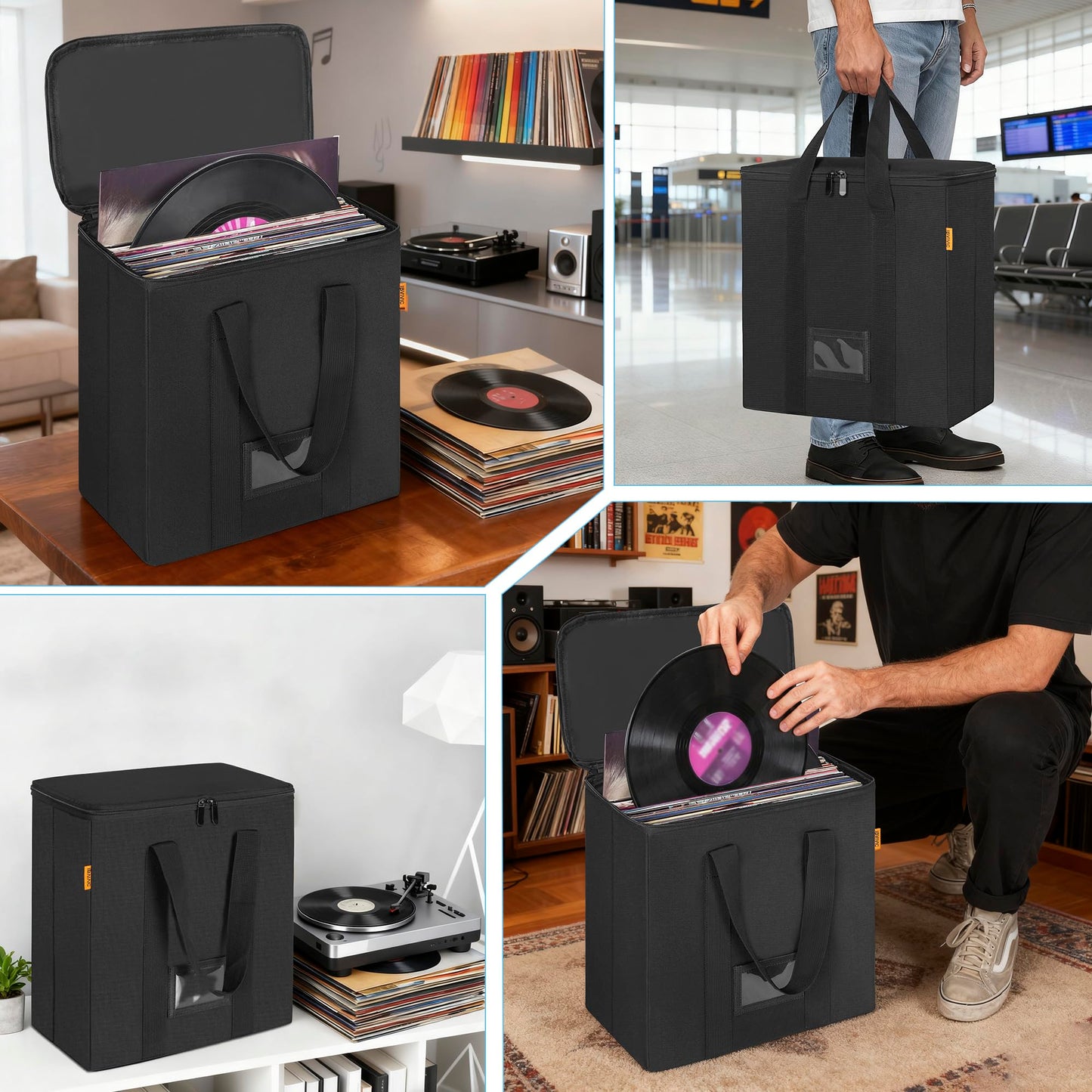 IBVIVIC Vinyl Record Storage Box with Lids and Handle Vinyl Album Storage Case Bag for 7/10/12 inch LP, Collapsible Crate Holds up 50+ Single Record (Black)