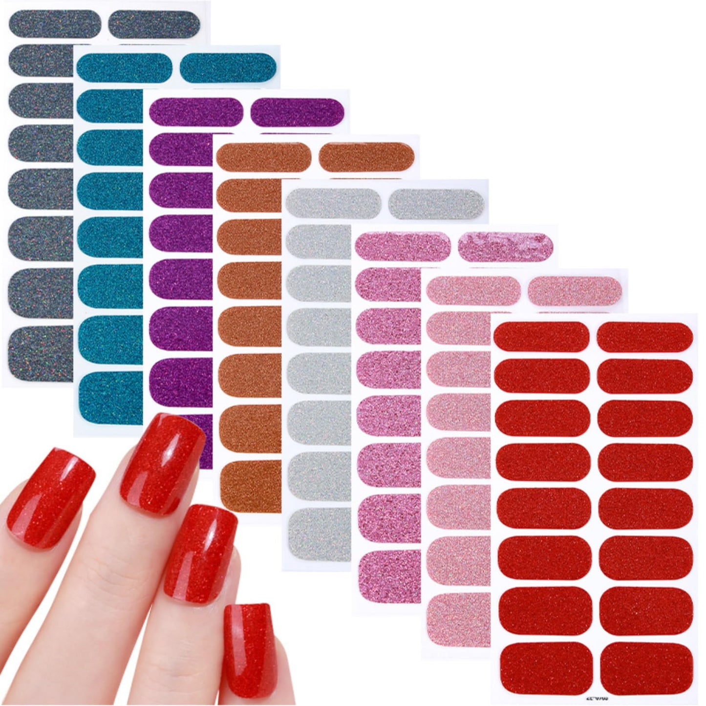 SIUDXA Peel and Stick Nails - 8 Sheets Glitter Gel Nail Wraps, Full Cover Nail Stickers for Women, Long Lasting DIY Home Manicure Kit