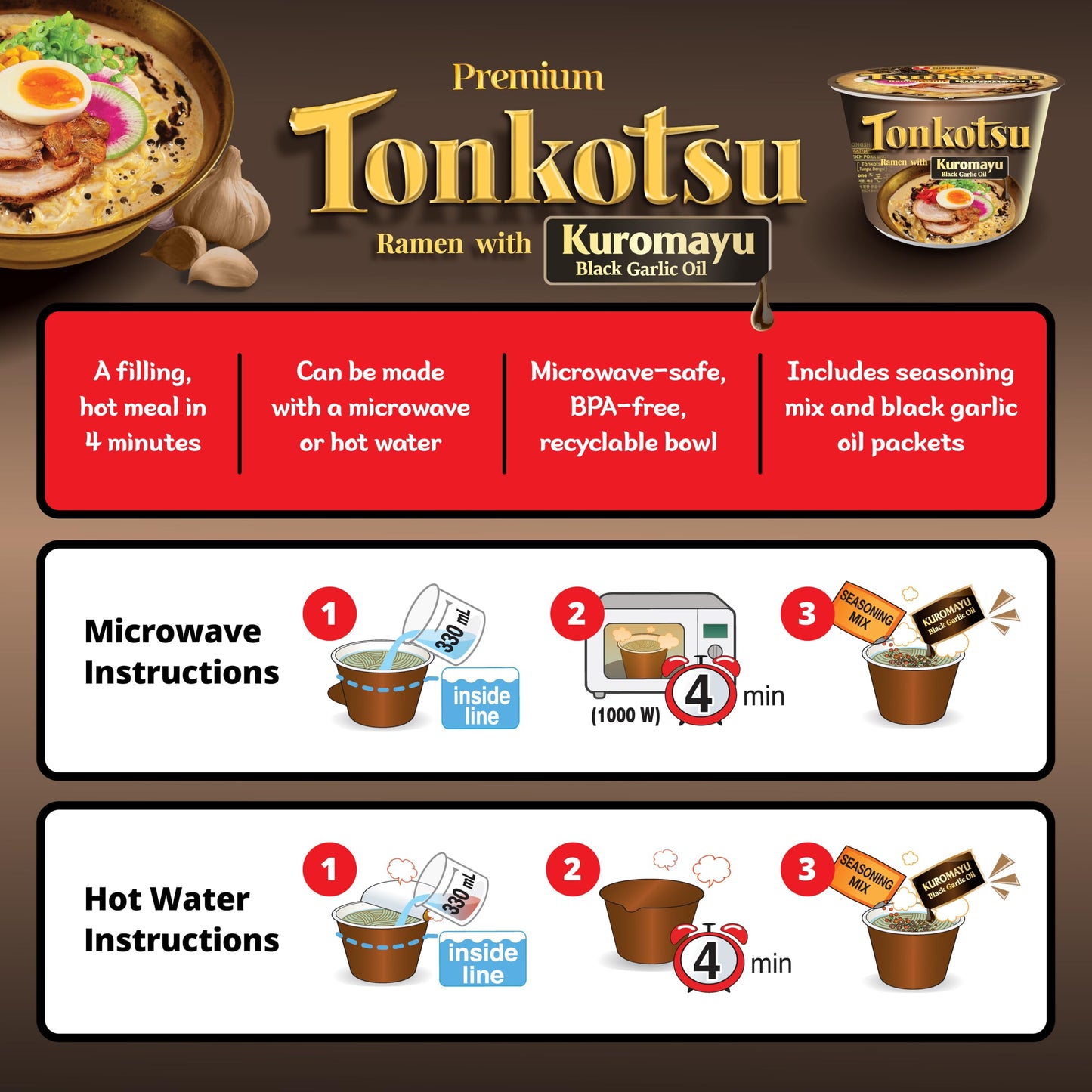 Nongshim Tonkotsu Ramen with Kuromayu Noodle Big Bowl, 3.56 Ounce (Pack Of 6)