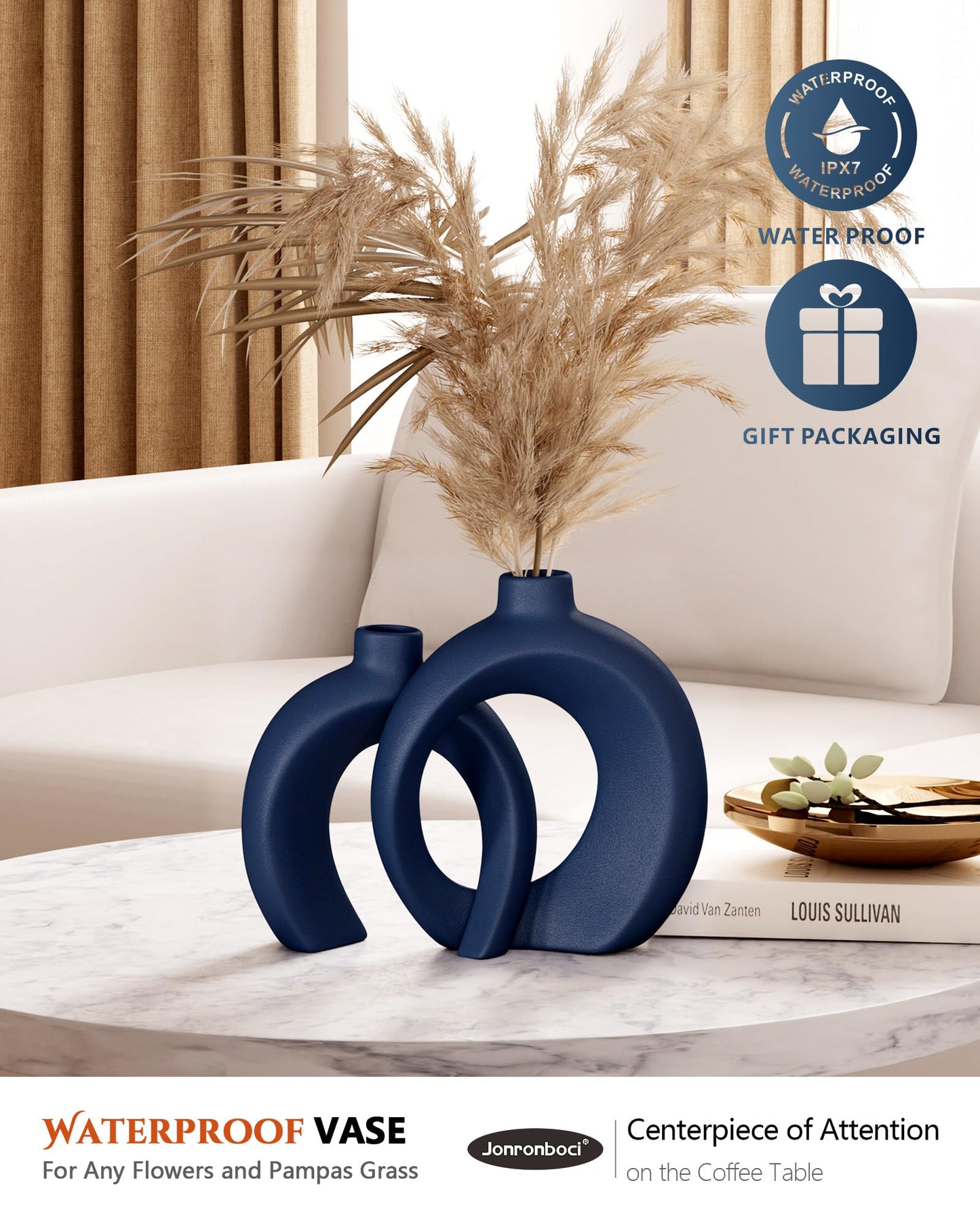 Blue Vase Set of 2 - Donut Navy Vases Home Decor, Modern Coastal Decor - Decorative Vase, Ceramic Decorations for Living Room Coffee Table Bookshelf Shelf Console Mantle (Matte Navy Blue)