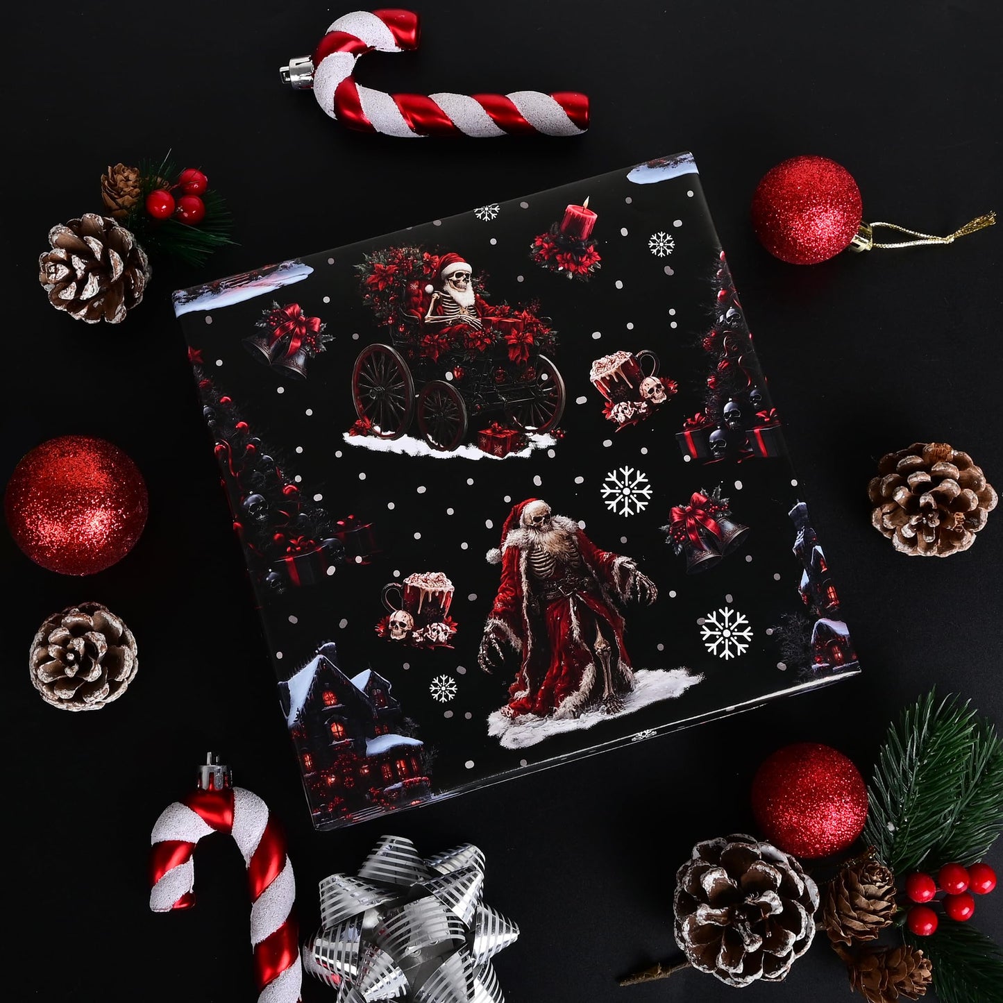 Dtiafu Gothic Christmas Wrapping Paper Roll Black Horror Christmas Santa Claus Skeleton Design Xmas Gift Wrap for Winter Halloween Holiday Party Celebration - Total 28.5sq.ft
