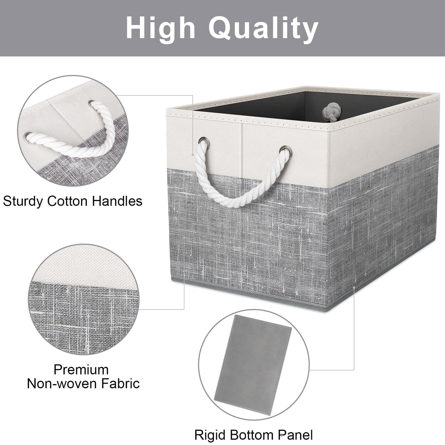 Fab totes Storage Bins 3-Pack, Foldable Storage Baskets for Organizing Toys, Books, Shelves, Closet, Large Storage Box with Rope Handles, Sturdy Organizer Bins, White & Grey
