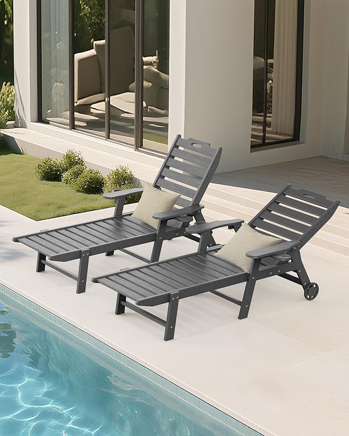 Carauci Lounge Chair Outdoor, HDPE Chaise Lounge with Wheels, 5-Position Adjustable Backrest & 2 Cup Holders Patio Lounge Chair, All-Weather Pool Sun Lounger for Poolside, Backyard, Grey