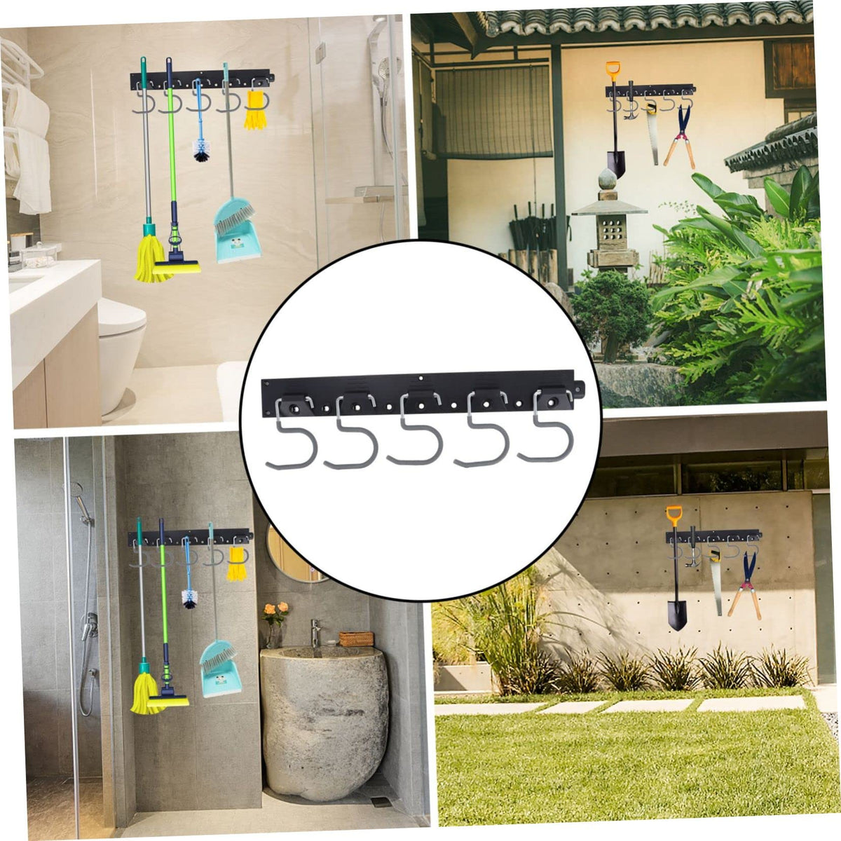 1Set Wall Mount Tool Organizer Broom Holder Garden Tool Hanger with Non Slip Coating Durable and Hooks for Garage and Garden Storage