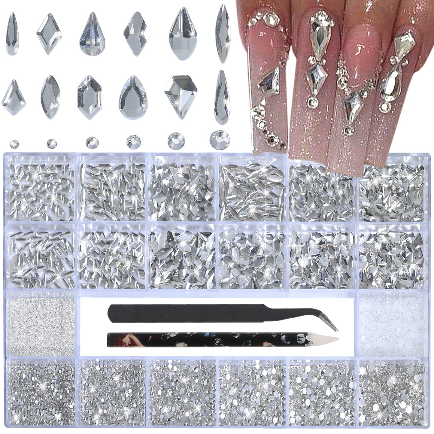 White Nail Rhinestones - 3D Multiple Shape Size Gems, Manicure Beads, Pearls, Flatback Crystals Rhinestones, with Kit, for Nail Art Decor