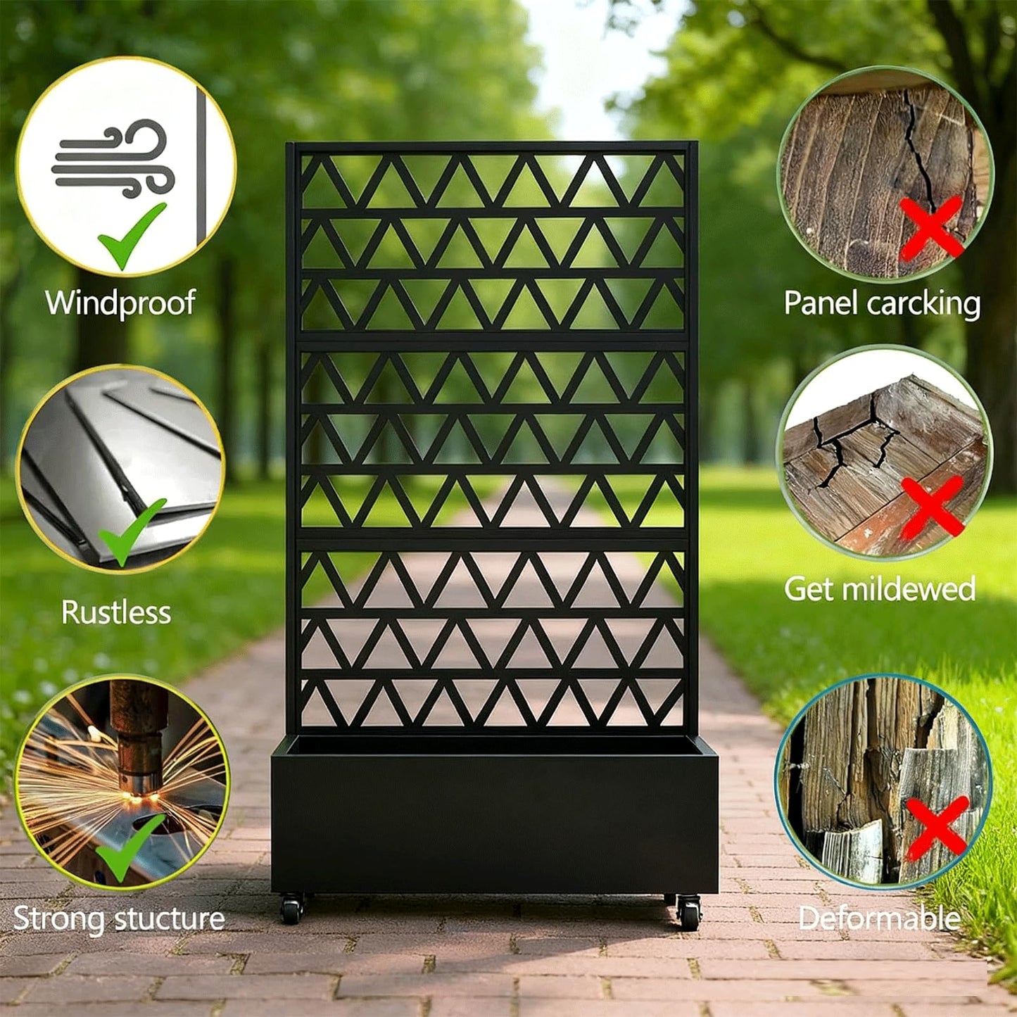 Metal Planter Box with Trellis, 73-Inch Tall Raised Garden Bed with Wheels, Privacy Screen Planter for Climbing Plants, Vegetables & Vines, Galvanized Steel Outdoor Privacy Shield, Black (Square-1)