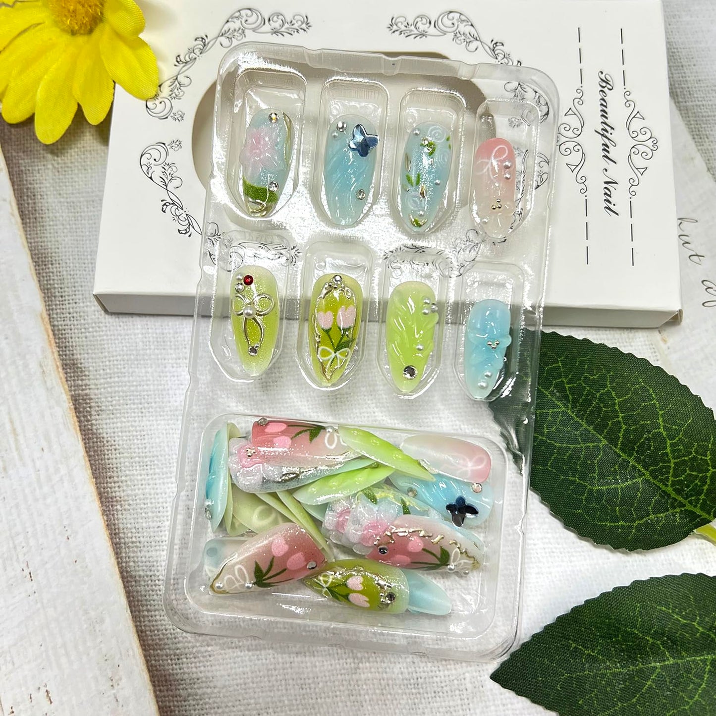 3D Flower Press on Nails Short Almond Fake Nails with Rhinestones Pearls Butterfly Bow Designs Spring False Nail Acrylic Artificial Fingernails Summer Stick on Nail for Women 30Pcs