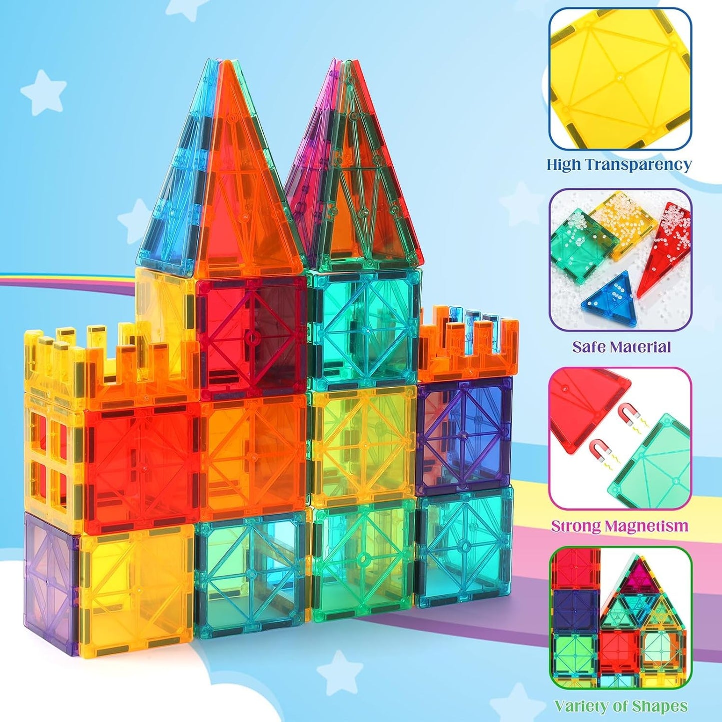 OugerToy 104PCS Magnetic Tiles STEM Building Blocks for Kids Ages 3-9, Educational Stacking Toys with Car Bases, Creative Construction Gift for Boys Girls