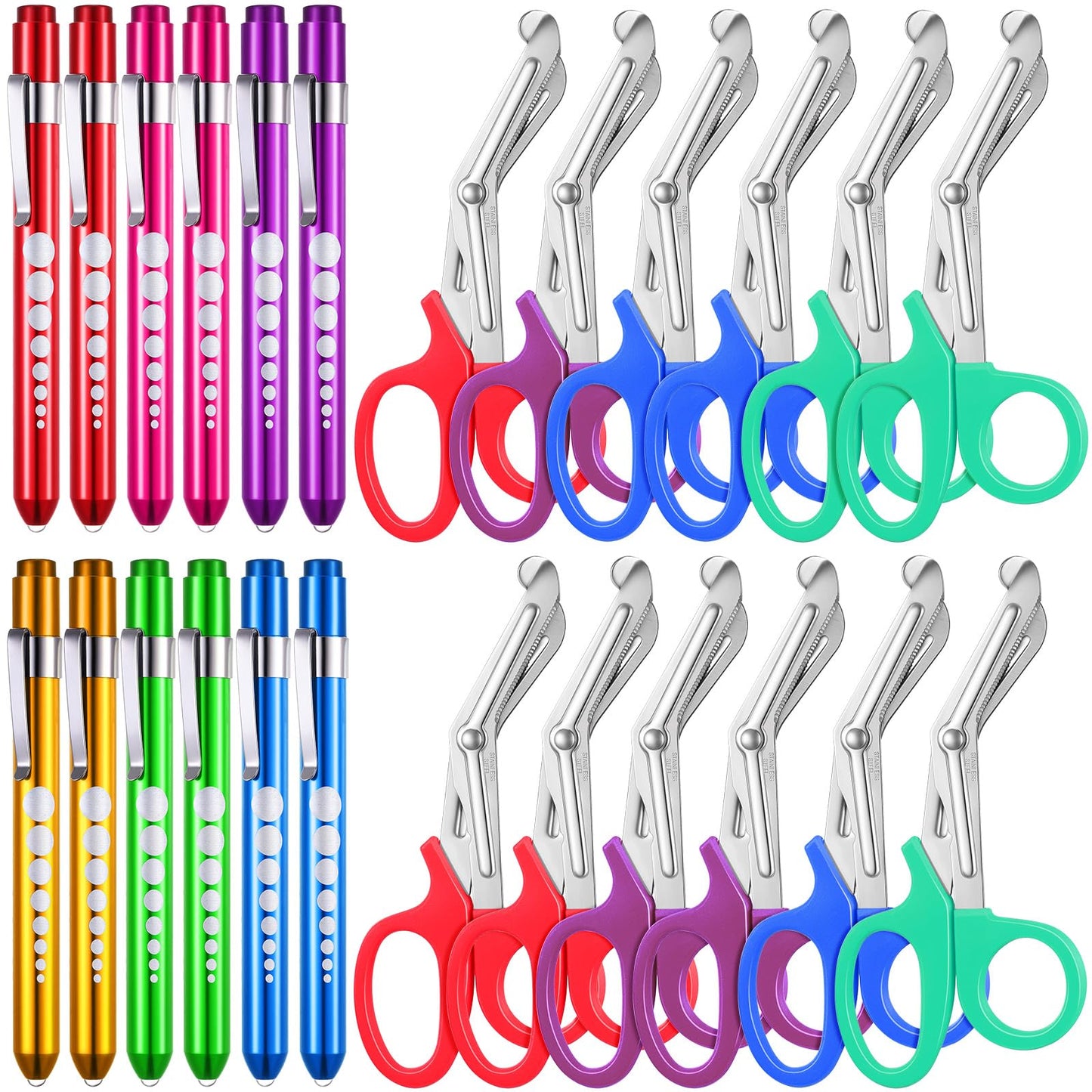 Chumia 24 Pack Trauma Shears Pen Light Bulk for Nurses Nursing Scissors with Pupil Gauge Bandage Nurse Scissors LED Penlight Medical Accessories Gifts for Doctor CNA RN First Aid EMT EMS (Rainbow)