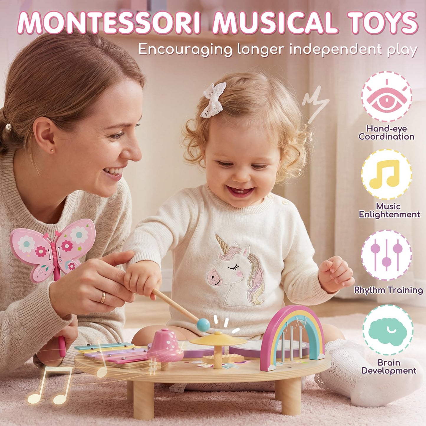 Lehoo Castle Toddler Drum Set, Unicorn Montessori Music Toys with Xylophone, 7 in 1 Wooden Musical Instruments for Toddlers 1-3, Baby Drum Set Educational Birthday Gift for 12-18 Months Girl