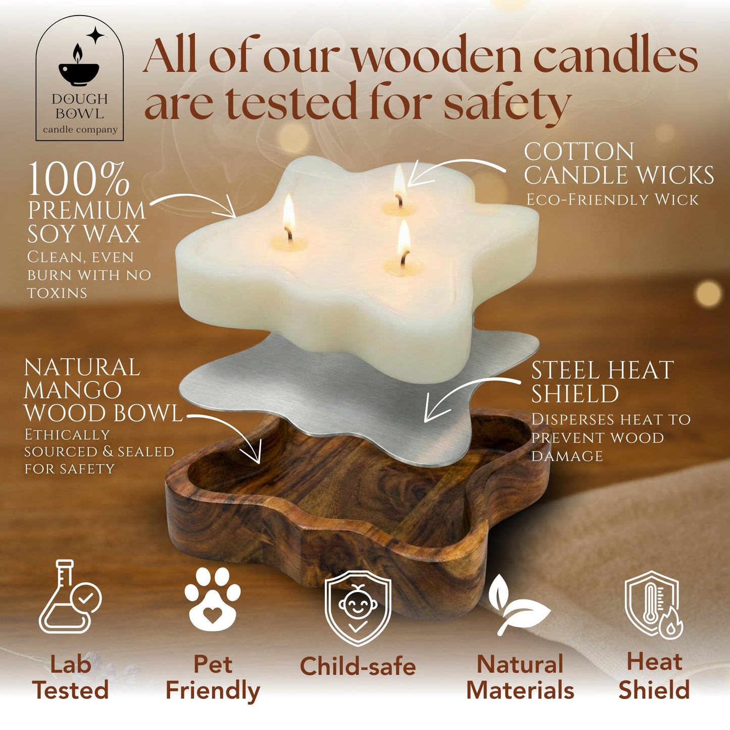 Dough Bowl Candle Co. Ghost Candles - 7x7x2in Halloween Candles, Wooden Fall Candle Decorations with Candy Corn Scent, Cute Fall Room Decor, 100% Soy Wax, Autumn Aesthetic with 35h Burn Time