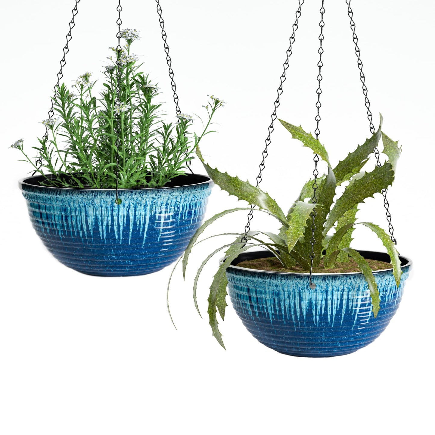 Vanslogreen 12 inch Hanging Planters for Indoor Outdoor Plants, 2 Pack Large Hanging Flower Pots with Drainage Holes and Chain, Glazed Hanging Baskets for Home Garden Decoration (Blue Flow Glaze)
