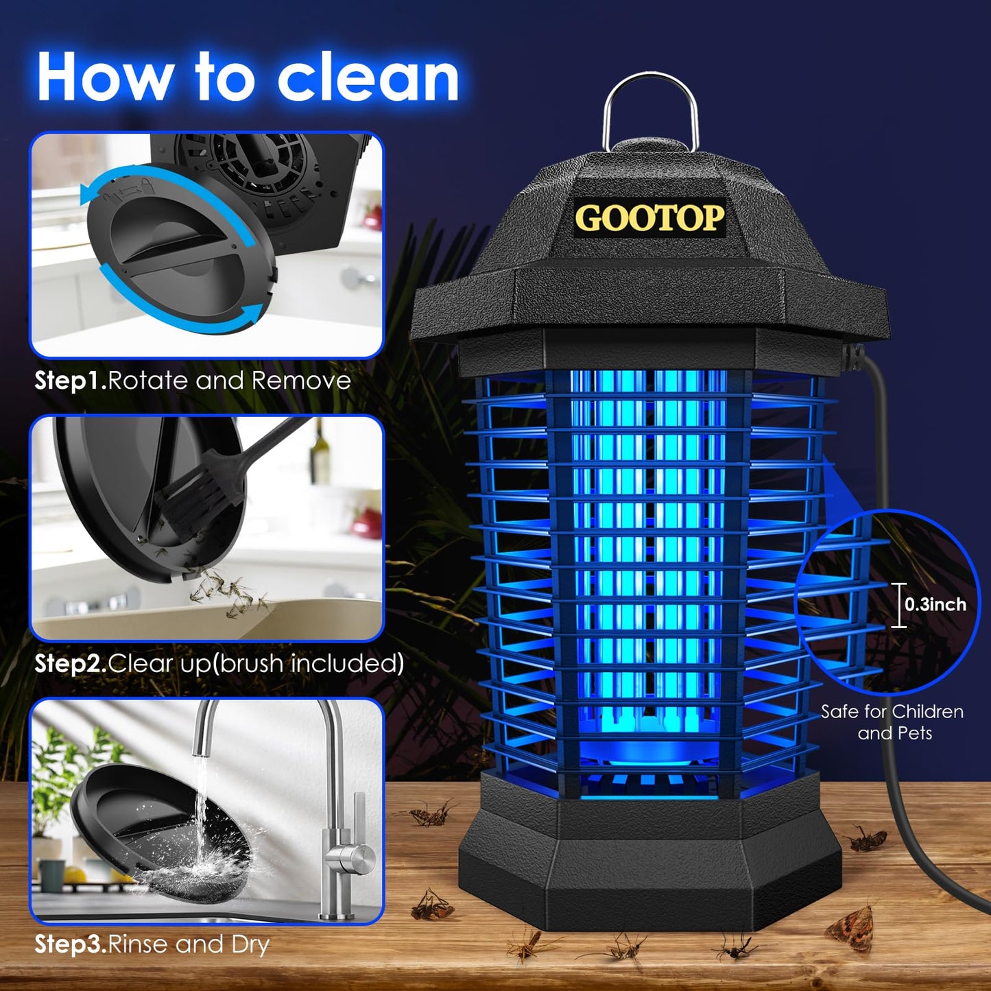 GOOTOP Bug Zapper Outdoor, Mosquito Zapper, 3 Prong Plug in Electric Fly Zapper, Mosquito Killer, Fly Traps, Flying Insects Zapper Indoor Outdoor, 4200V, ABS Plastic Outer (Black)