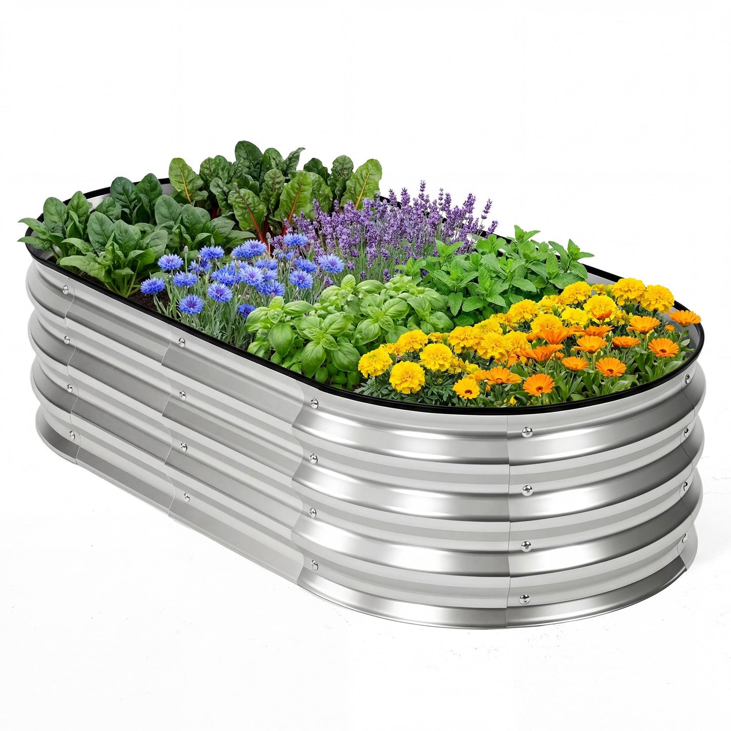 DUMOS 4x2x1ft Oval Galvanized Raised Garden Beds, Outdoor Planter Box with Open Bottom, Metal Garden Bed for Vegetables/Herbs/Flowers, Rustproof Flower Bed for Backyard/Patio, Silver